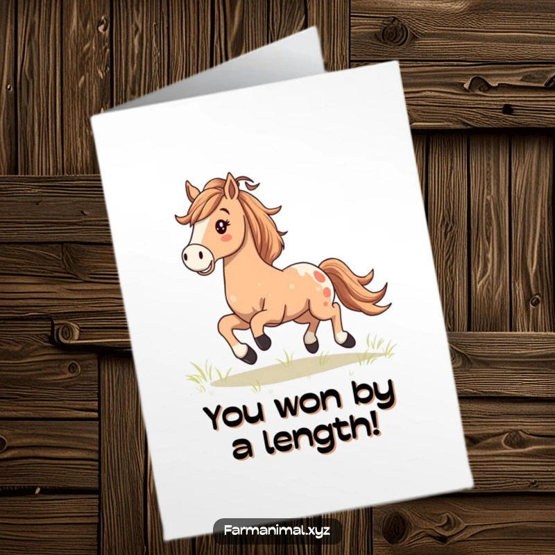 Funny free printable congratulations card showing a happy horse with a flowing mane, galloping powerfully to celebrate success.