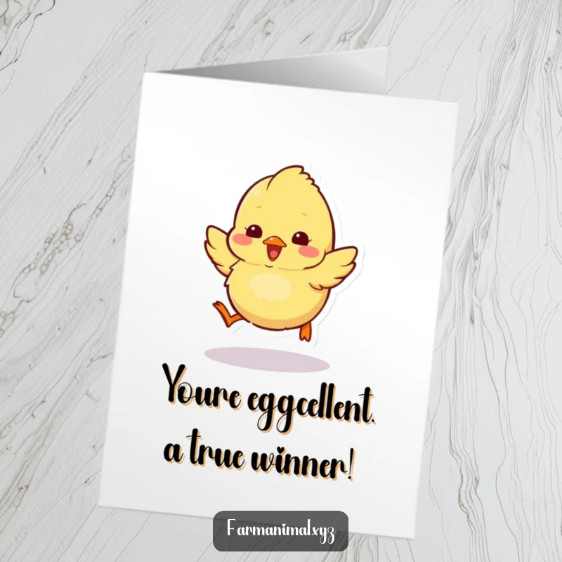 Funny Free Printable Chick Congratulations Card: Fluffy chick character hopping excitedly, celebrating a big achievement with enthusiasm.