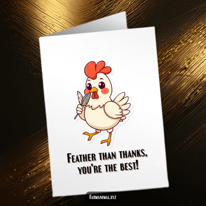 Funny free printable thank you card with a chicken strutting proudly, feather in beak, showing gratitude.