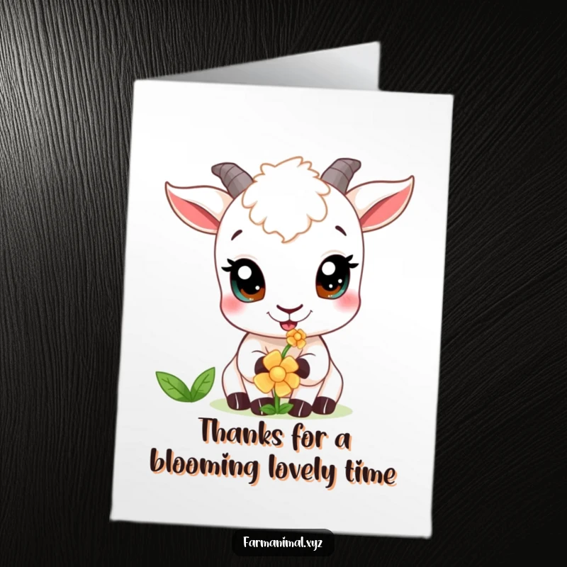 Funny Free Printable Goat Thank You Card: Curious goat with wide eyes nibbling a flower, offering sweet appreciation.