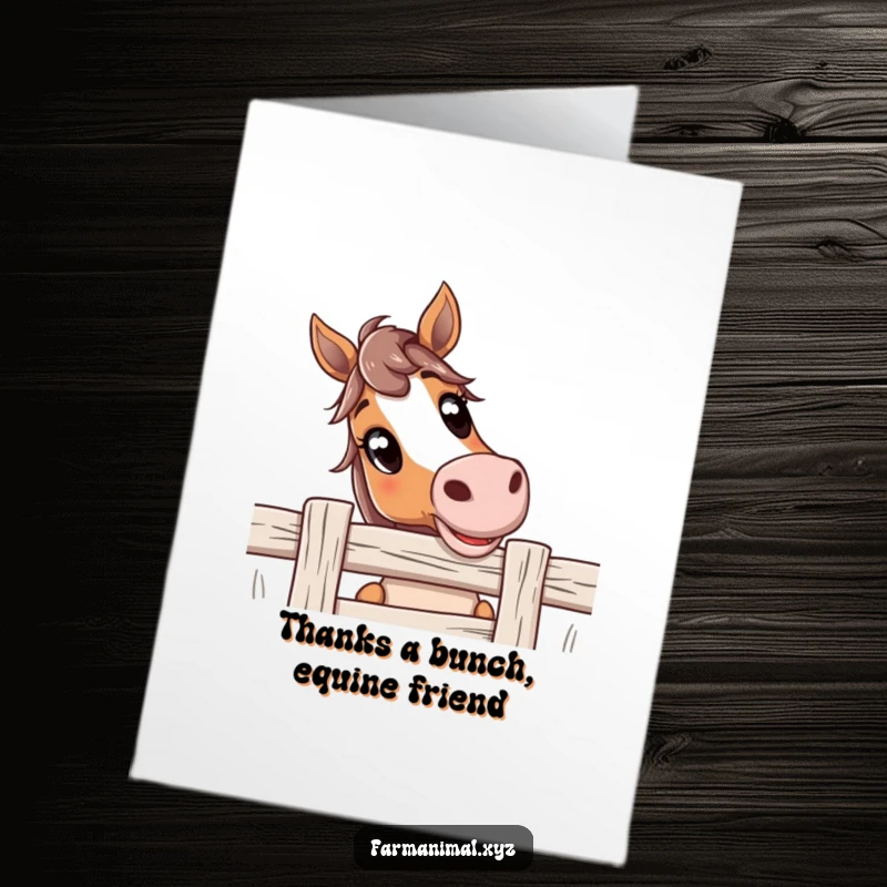 Funny Free Printable Thank You Card featuring a curious horse with wide, friendly eyes looking over a fence, expressing gratitude.