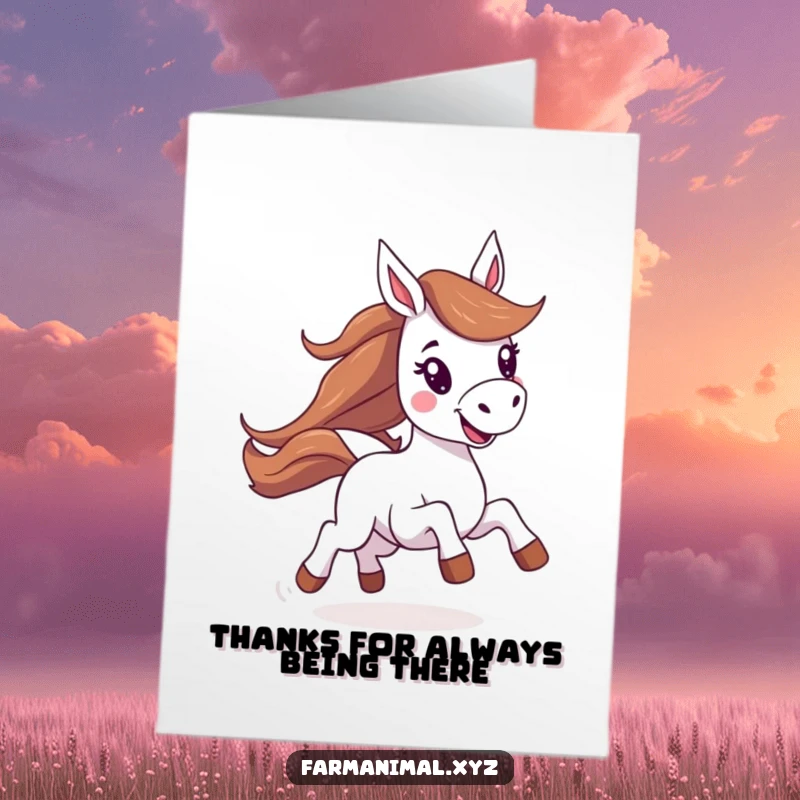 Funny Free Printable Horse Thank You Card: Energetic horse gallops with joyful expression, conveying heartfelt thanks.