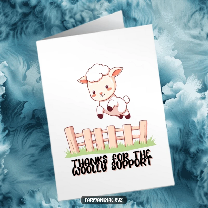 Funny Free Printable Thank You Card: A happy little lamb captured in mid-air, leaping playfully over a tiny fence