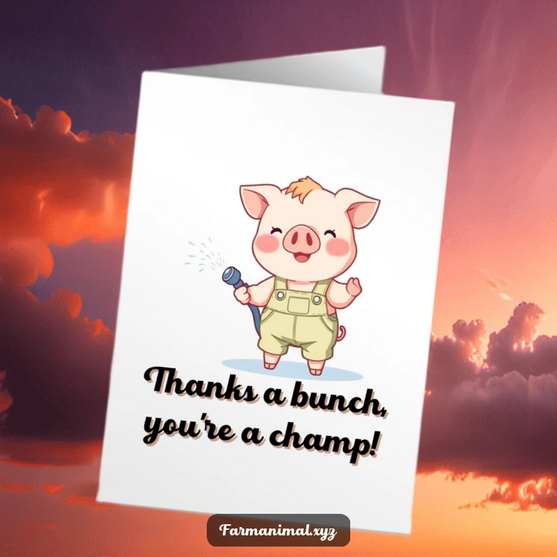Funny Free Printable Piglet Thank You Card: A happy piglet wearing overalls sprays water as a delightful way to say thank you.