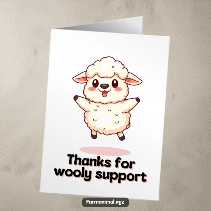 Funny Free Printable Thank You Card depicting a fluffy sheep attempting a funny, energetic jump, conveying heartfelt thanks.