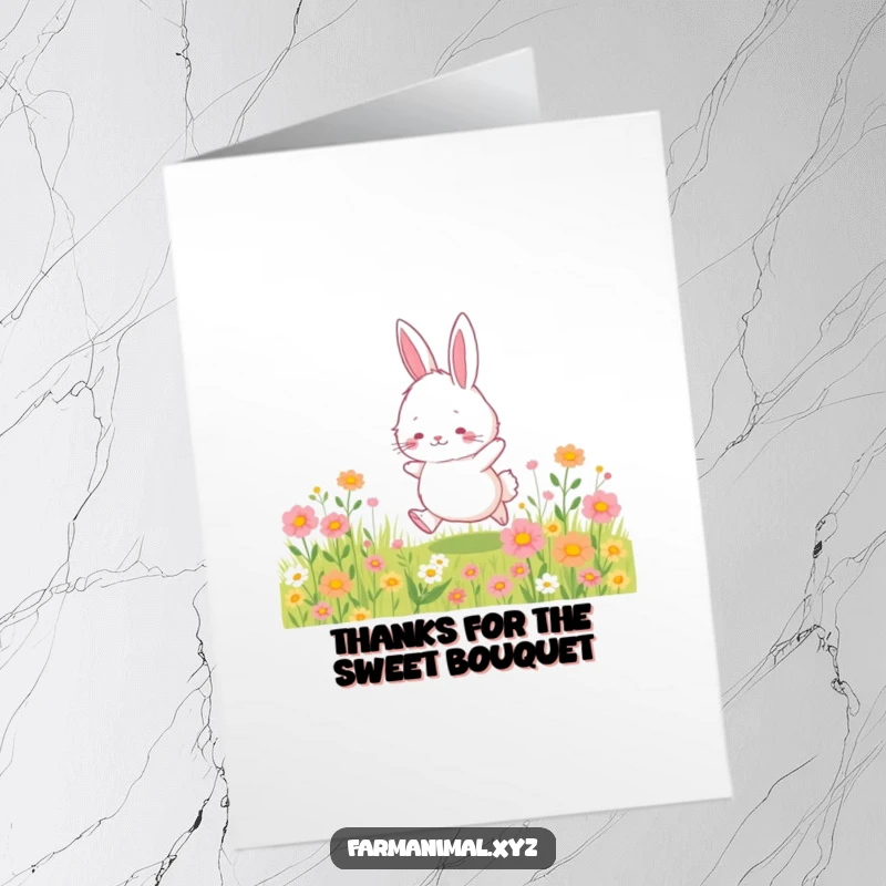 Funny Free Printable Thank You Card: Fluffy bunny hopping through wildflowers, expressing thanks, downloadable gift.