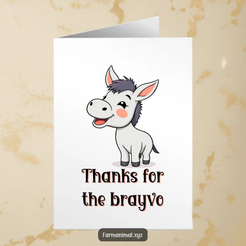 Funny free printable thank you card: A donkey gleefully braying, conveying heartfelt thanks with hilarious enthusiasm.