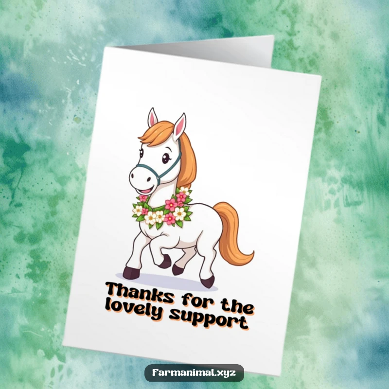 Funny Free Printable Thank You Card: A happy horse with a floral garland, trotting with gratitude, a downloadable gift.