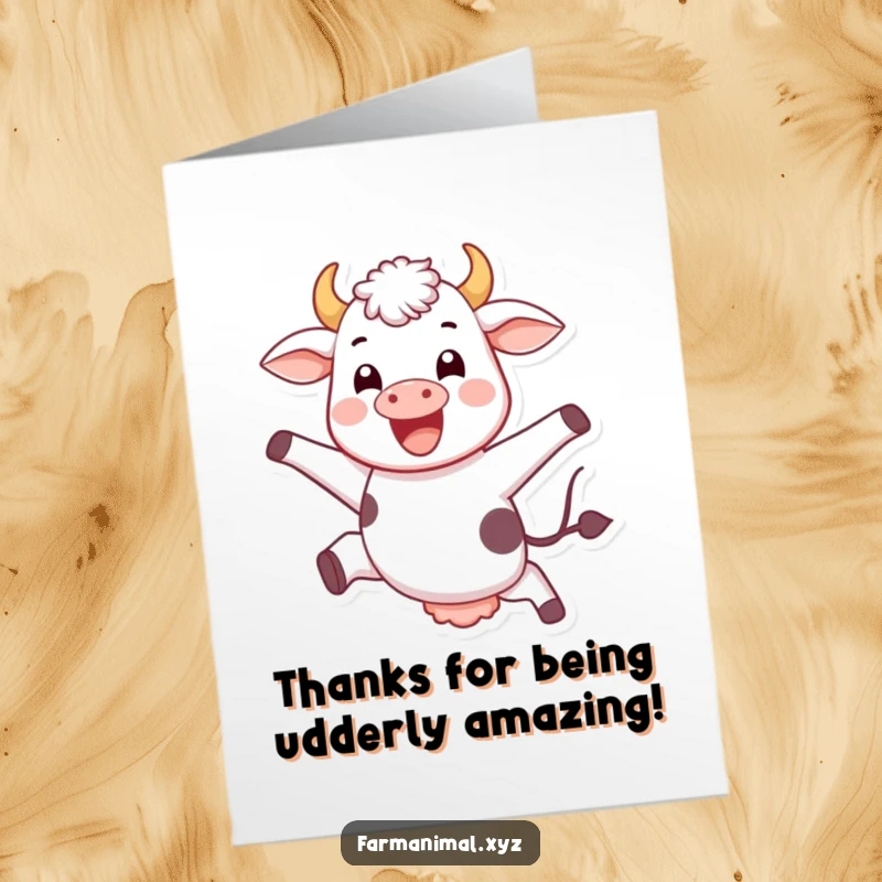Funny Free Printable Thank You Card: A joyful cow leaps with happiness to express thanks.