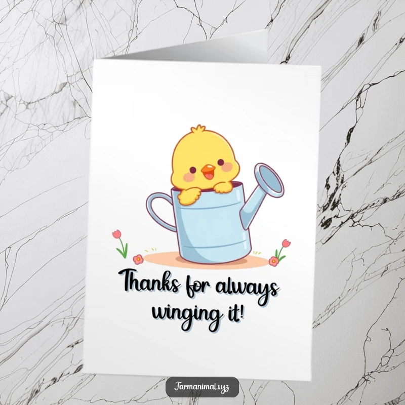 Funny Free Printable Thank You Card: Cheerful chick pecking a watering can, expressing thanks with a chuckle.