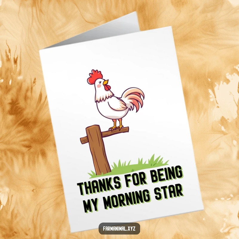Funny Free Printable Thank You Card: A proud rooster greets the dawn from a fence post, crowing loudly. A bright and cheerful thank you!