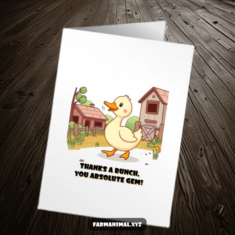 Funny Free Printable Thank You Card with a happy duck waddling on a farm, conveying heartfelt thanks with a smile.