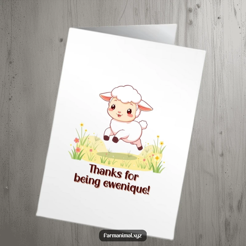 Free printable thank you card with a playful lamb skipping through a meadow, expressing thanks sweetly.