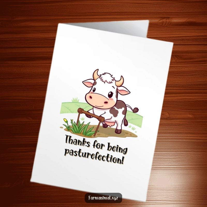 Free printable thank you card featuring a determined cow smiling as it plows a small field, expressing thanks.