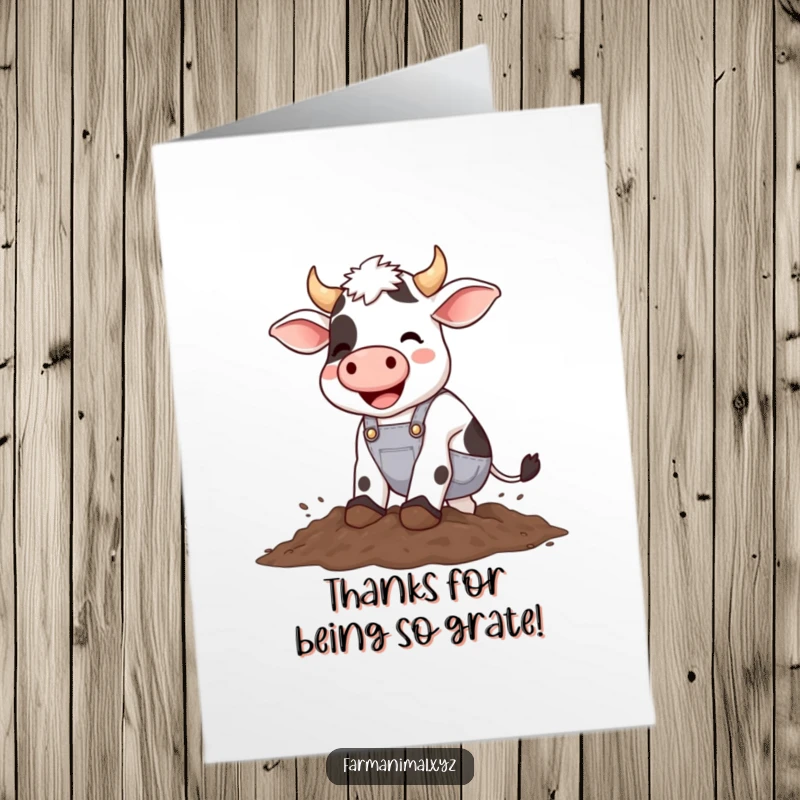 Funny Free Printable Thank You Card: Happy cow in overalls joyfully stomping in mud, expressing thanks wholeheartedly.