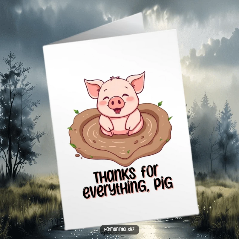 Funny Free Printable Thank You Card: A happy pig rolling in a heart-shaped mud puddle saying thanks.