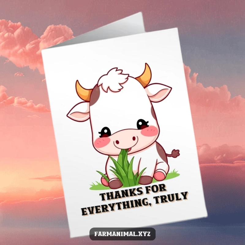 Funny Free Printable Thank You Card: Content cow munches grass peacefully, expressing sincere thanks.
