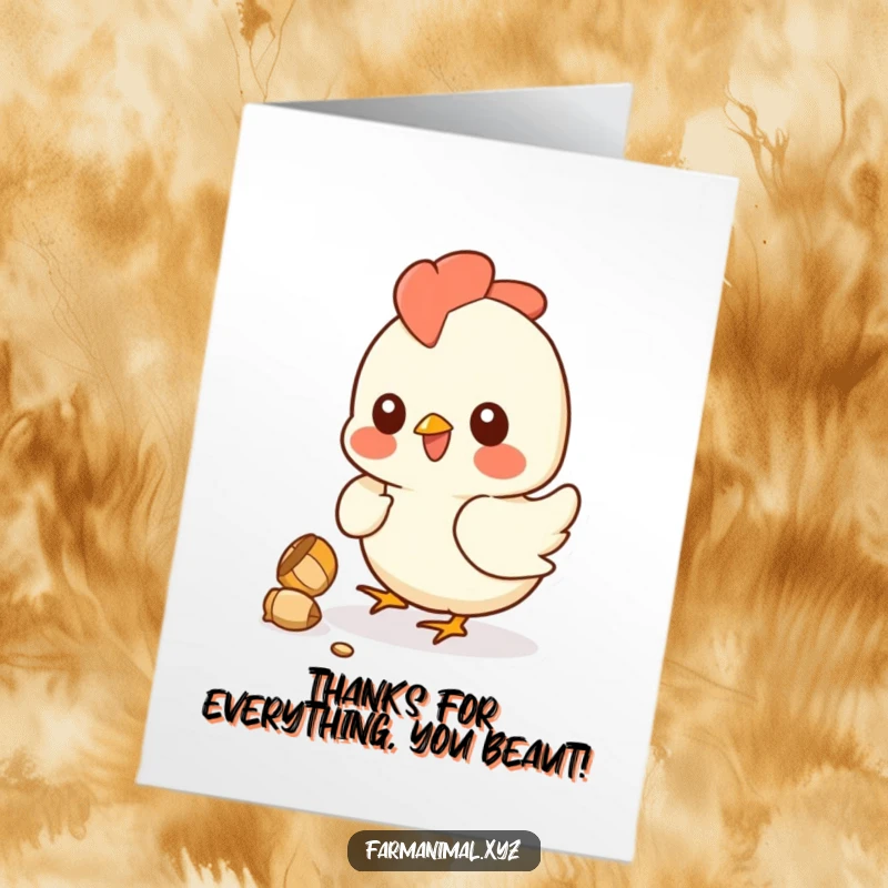 Funny Free Printable Chicken Thank You Card: A smiling chicken pecking a kernel, offering a heartfelt thanks with a humorous twist.