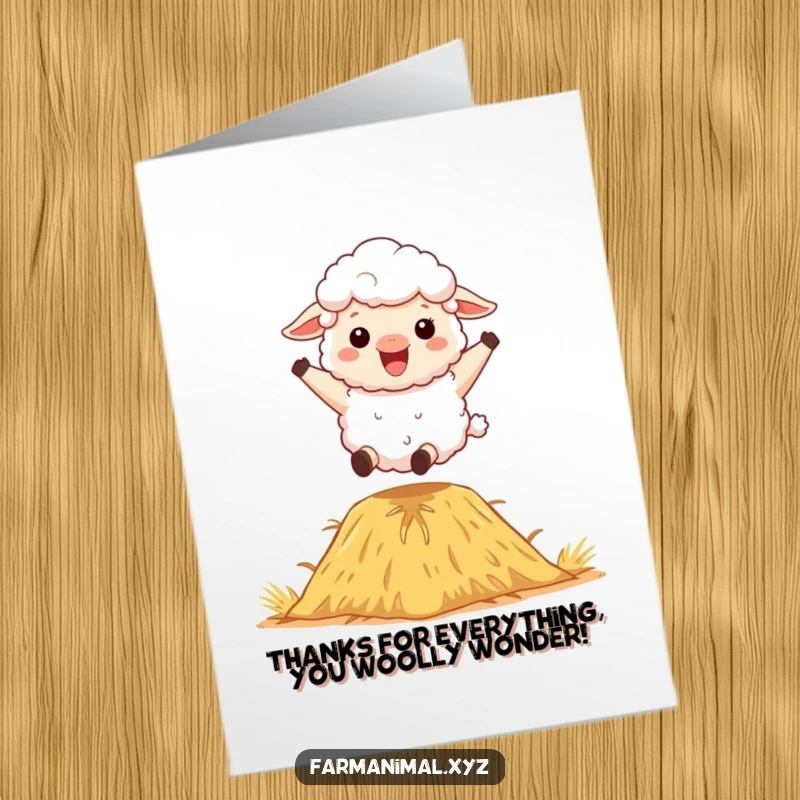 Funny Free Printable Sheep Thank You Card: A fluffy sheep is playfully bouncing on a haystack, conveying heartfelt thanks with enthusiasm.