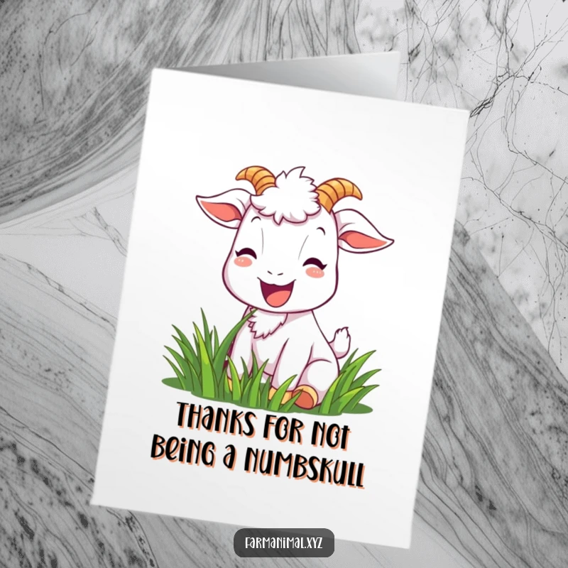 Funny Free Printable Thank You Card: Joyful goat munching grass with a bright smile, expressing thanks, downloadable gift.