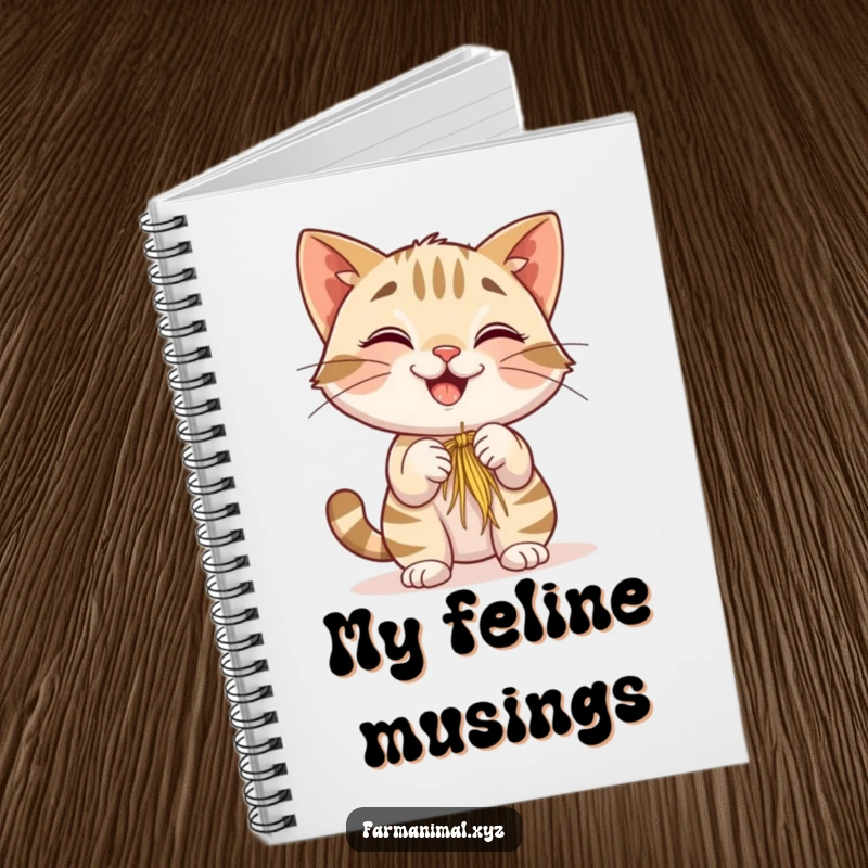 Funny Barn Cat Notebook cover art shows a smiling cat playfully batting at a piece of hay, ideal for note-taking fun.