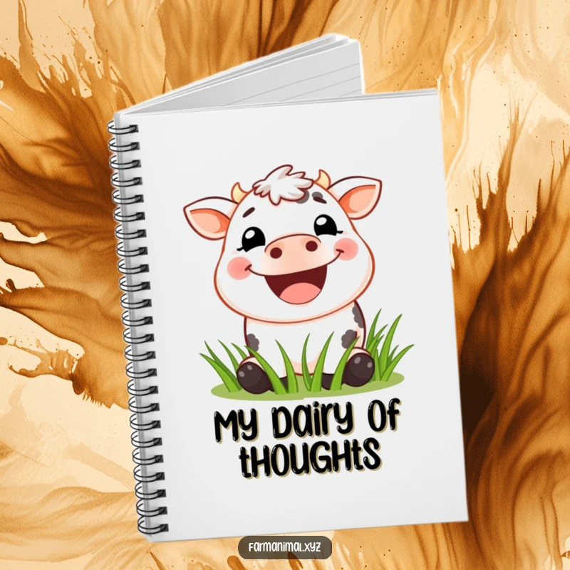 Funny Cow Notebook cover featuring a joyful cow with an exaggerated grin, happily munching on blades of grass, ideal for note-taking.
