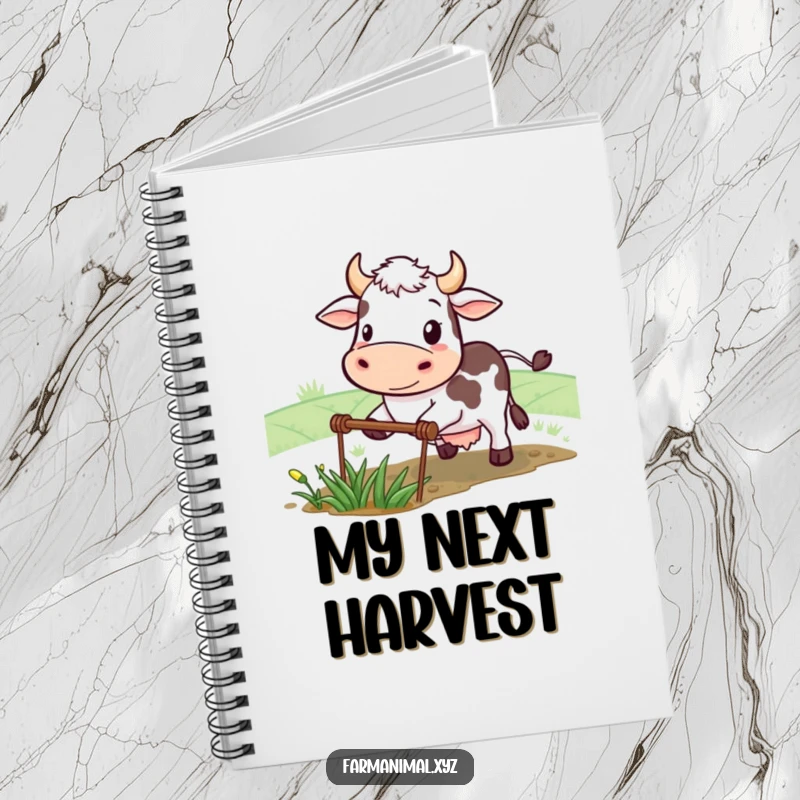 Funny cow notebook featuring a determined smiling character plowing a small field, great for taking notes with humorous farm resilience.