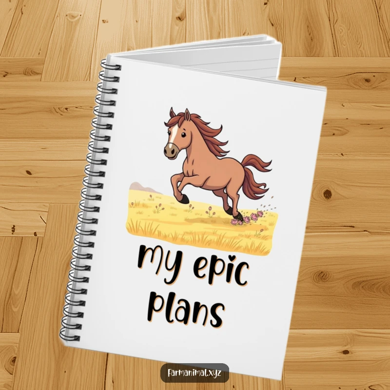 Funny Notebook cover featuring a determined horse galloping across a field, perfect for writing down ideas, plans, and inspired thoughts.