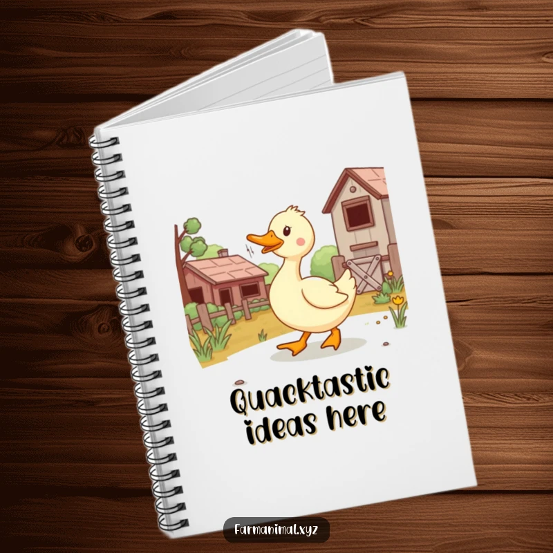 Funny duck waddling across the cover of a notebook, inspiring joy and humor for writers.