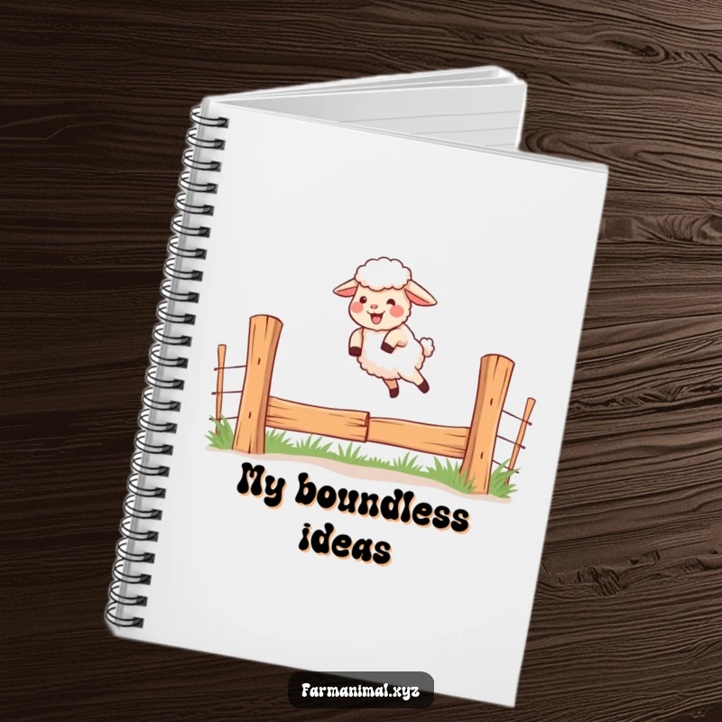 Funny notebook with a giggling sheep jumping over a fence, perfect for journaling adventures.