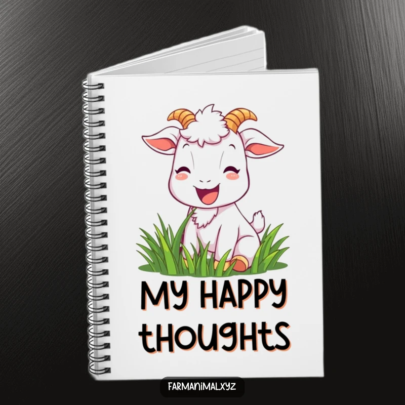 Funny goat notebook with a joyful goat character happily munching grass with a bright smile, perfect for daily notes.