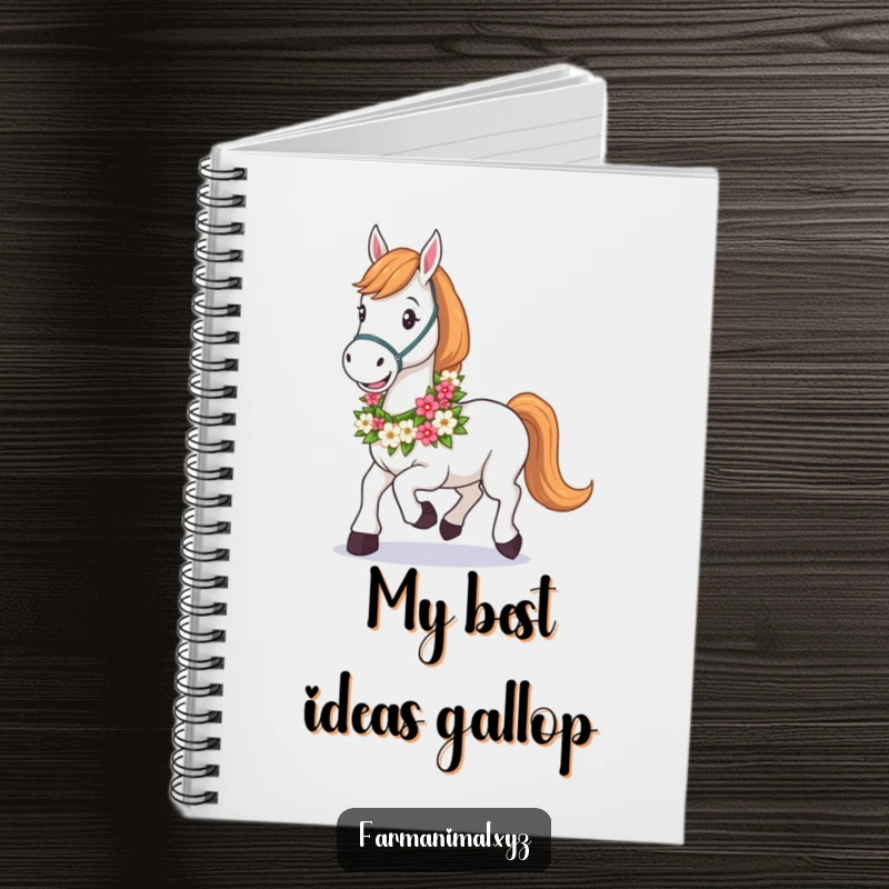 Funny Horse Notebook with a happy horse adorned by a floral garland, perfect for capturing notes and inspired thoughts.