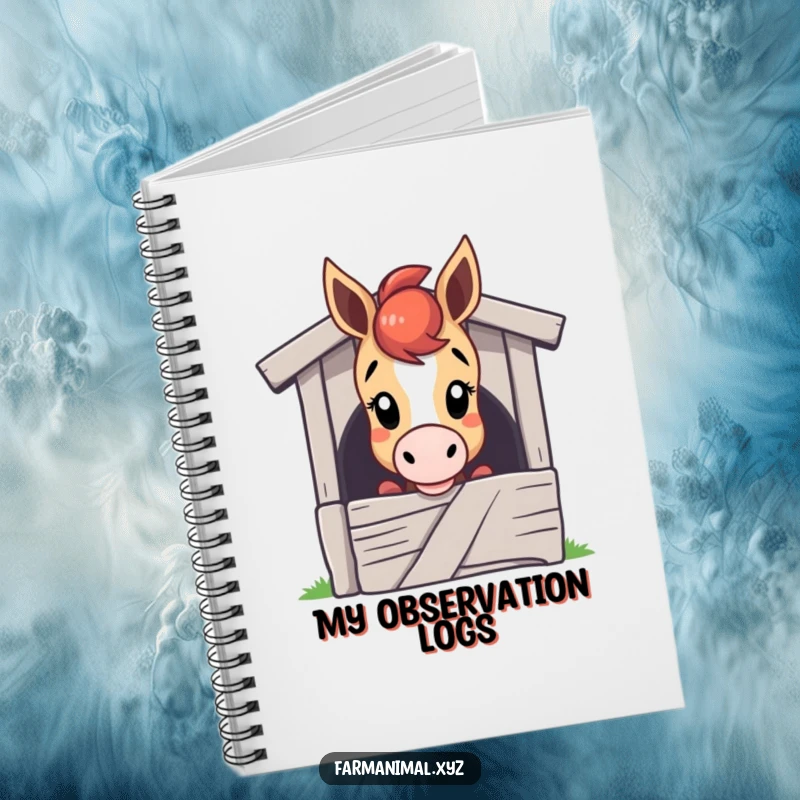 Funny horse notebook with a curious horse character peeking over a stable door, ideal for jotting down thoughts and inspirations.