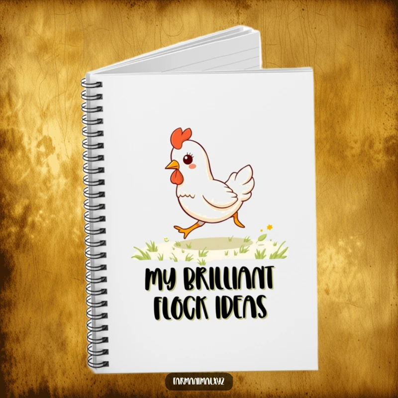 Funny kawaii chicken galloping across the cover of a notebook, a humorous and practical farm animal stationery item.