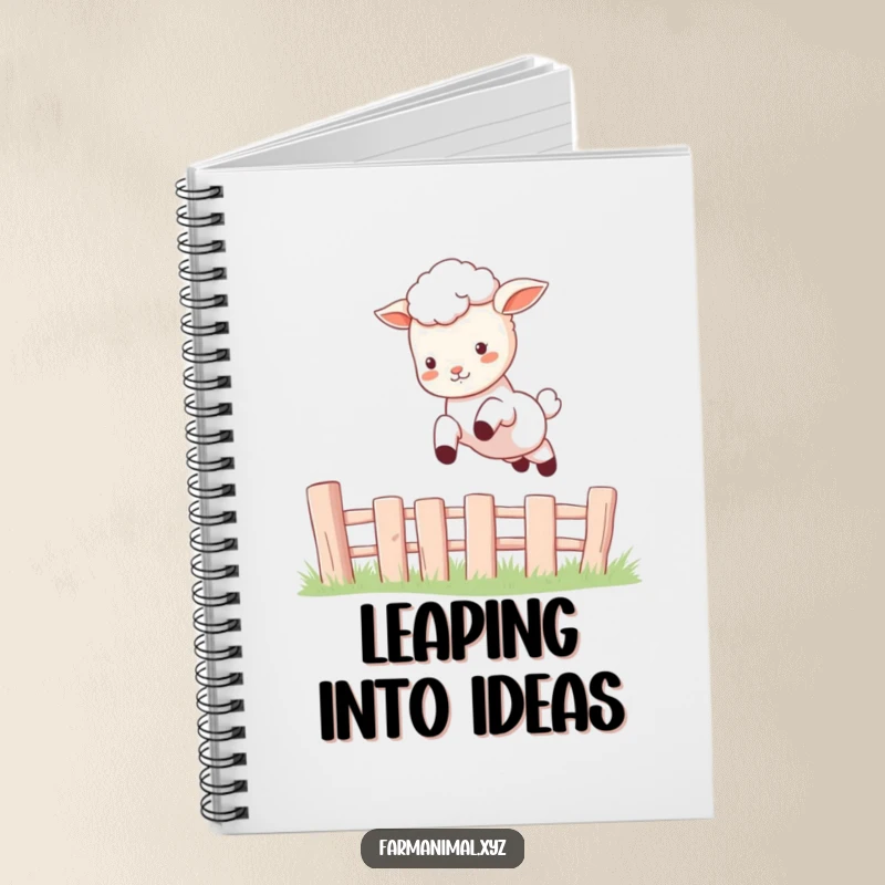Funny Lamb Notebook cover featuring a happy lamb energetically leaping over a fence, ideal for journaling and note-taking.