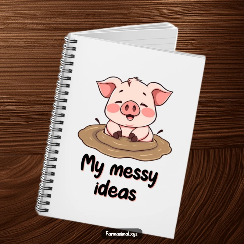 Funny cheerful pig happily rolling in a mud puddle, a muse for happy thoughts in a notebook.