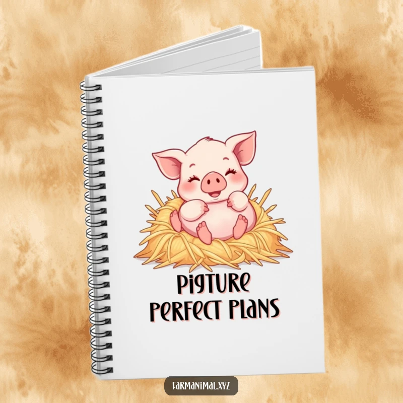 Funny piglet joyfully rolling in a pile of soft straw, a cute and humorous notebook for everyday use.