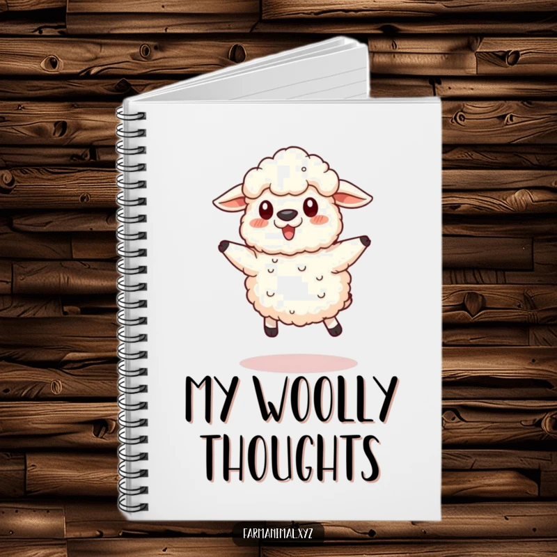 Funny Sheep Jump Notebook cover art shows a fluffy sheep in a funny little leap, ideal for note-taking fun and inspiration.
