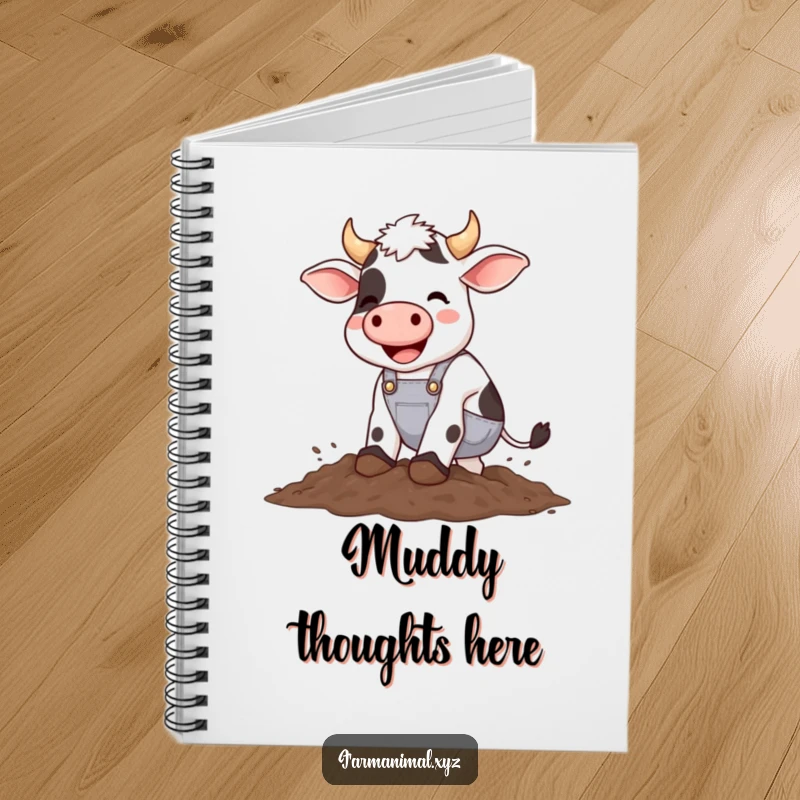 Funny cow wearing overalls happily stomping in mud, a cute and humorous notebook for everyday writing.