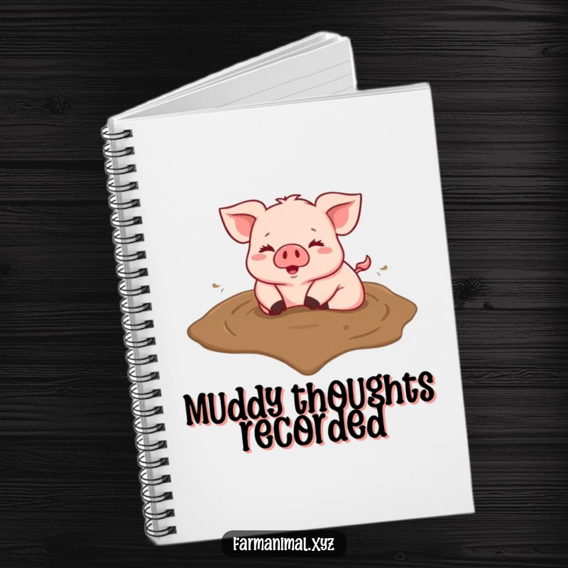 Funny notebook with a happy pig rolling in a heart-shaped mud puddle, perfect for journaling.