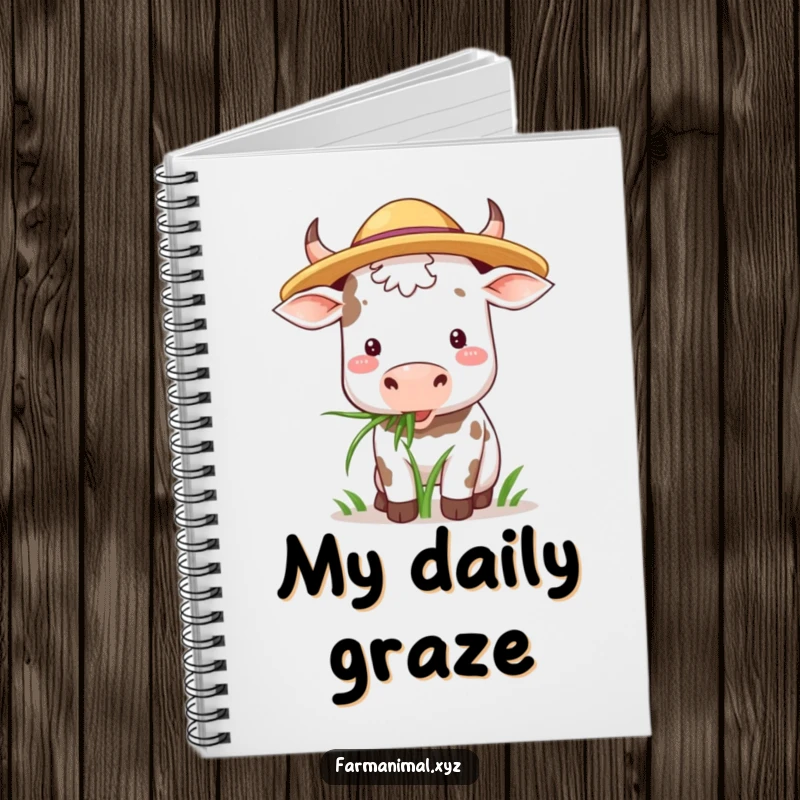 Funny Cow Notebook: A cow wearing a straw hat happily chews grass, inspiring peaceful thoughts and writing.