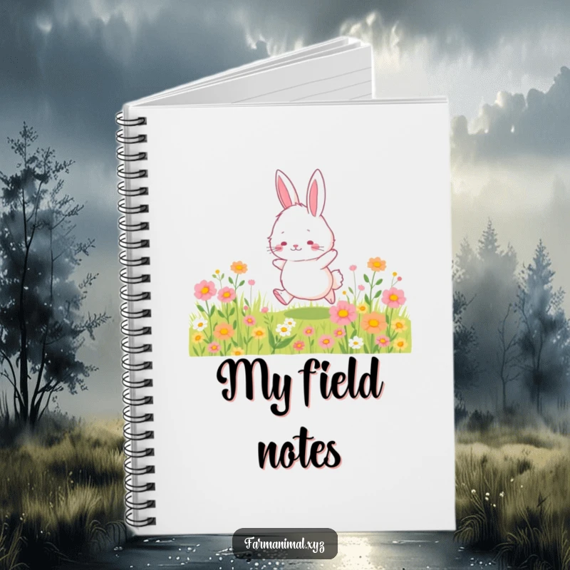 Funny bunny notebook with a fluffy bunny character happily hopping through a wildflower field, perfect for journaling spring thoughts.