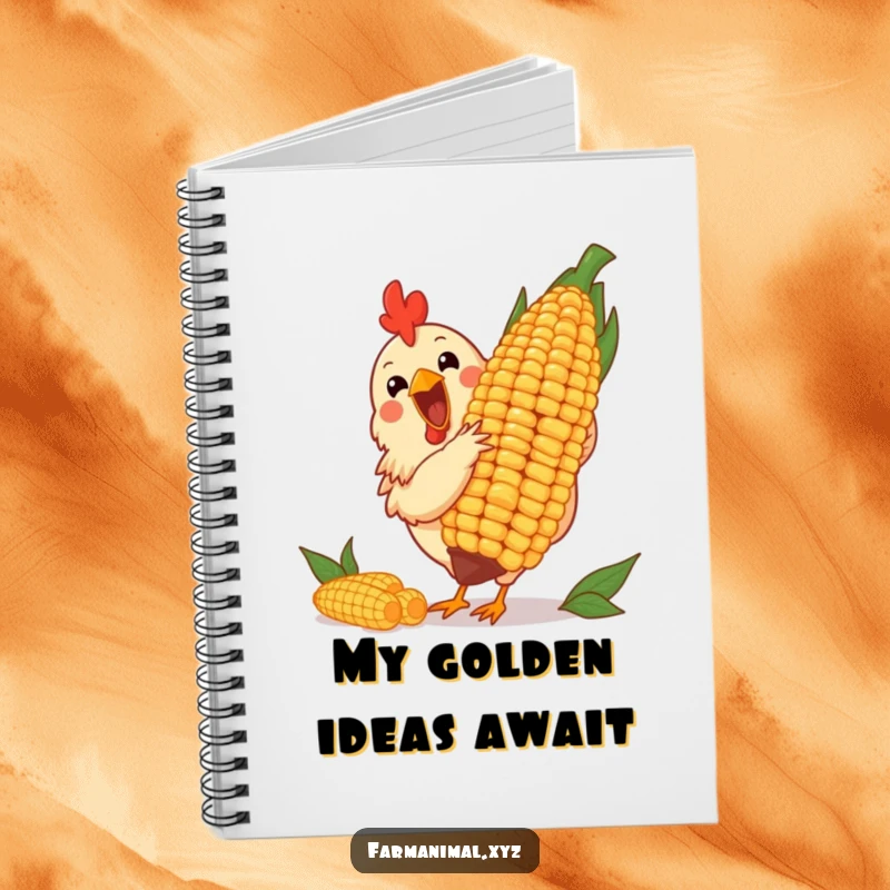 Funny notebook with a cheerful chicken pecking at a giant corn cob, ideal for jotting notes and ideas.