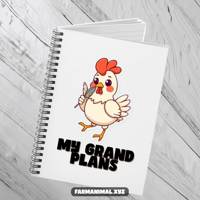 Funny chicken notebook featuring a cheerful strutting character with a feather in its beak, ideal for capturing notes with humorous inspiration.