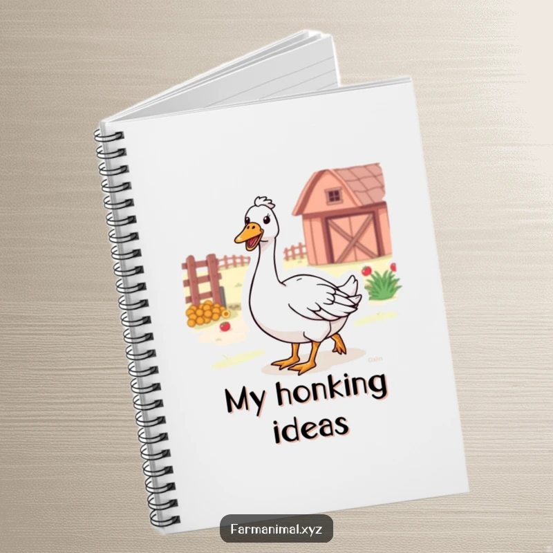Funny Farm Goose Notebook with a happy goose honking while waddling through the farm, great for writing.