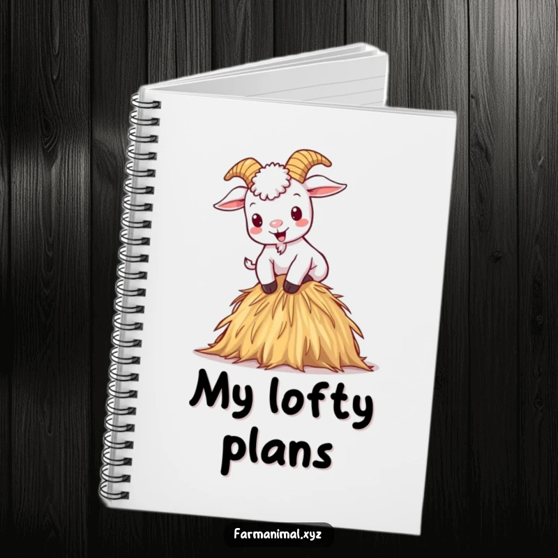 Funny notebook with a mischievous cartoon goat gleefully climbing a haystack, ready for notes.