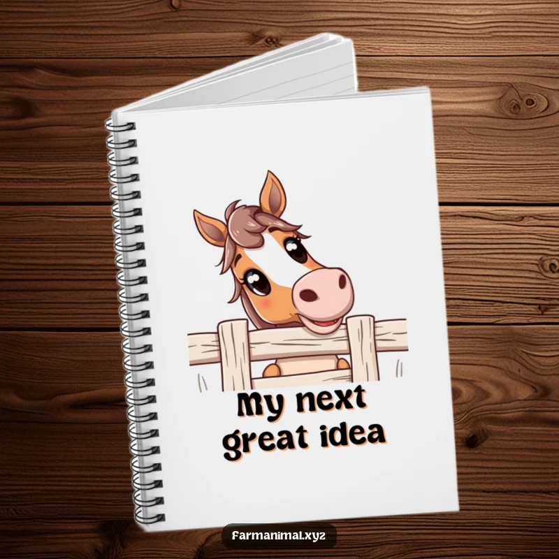 Funny Horse Notebook cover art shows a curious horse with wide, friendly eyes peering over a fence, ideal for note-taking fun.