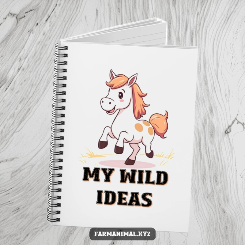 Funny Horse Notebook with a smiling horse kicking up its heels in a pasture, great for writing.