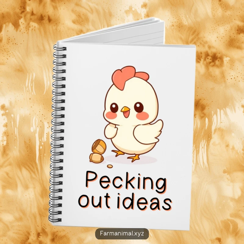Funny chicken notebook with a smiling hen pecking a kernel, designed for jotting notes with a dose of agricultural amusement.