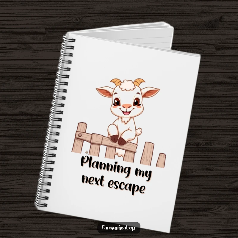Funny goat notebook with a small goat grinning mischievously as it attempts to climb a fence.